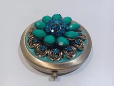 Ying Han Round Compact Mirror Brass Tone Metal Multicolor Jeweled Cobalt Blue