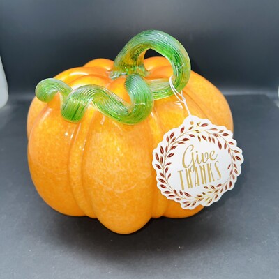 BLOWN GLASS ORANGE PUMPKIN  WITH GREEN COIL STEM 9'' x 9''