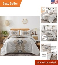 3-Piece Brown Boho Quilt Set King - Soft Lightweight Reversible Bed Cover