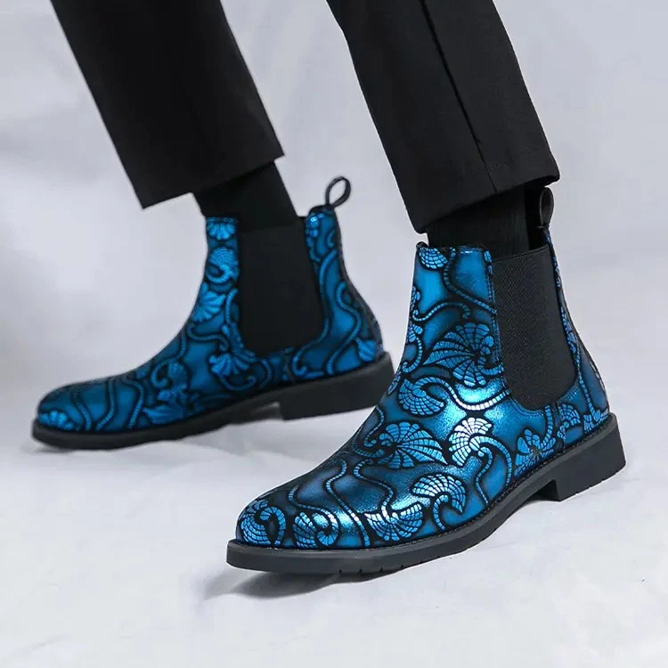Botas de tornozelo masculinas Chelsea tamanho grande 38-48 plus size estampa floral britânica tamanho boate - Imagem 2 de 4