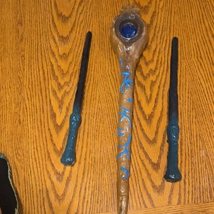 Fantasy Collectible Magic 3-Piece Wand/Staff Set, Large Rune Staff, Blue Gem