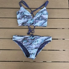 TYR Womens Patriot Blue Shale Douvle Tie Back Top & Bikini Size M NEW No Tags