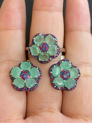 NATURAL EMERALD 4X5 SAPPHIRE STERLING SILVER 925 RING EARRING