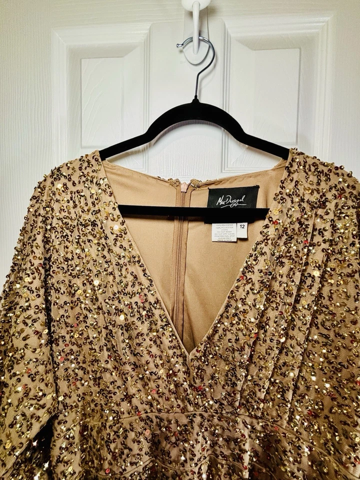 NWT MAC DUGGAL SZ 12 Bronze Evening Gown Long Sleeve V Neck Dress #10791 - Image 3 of 4