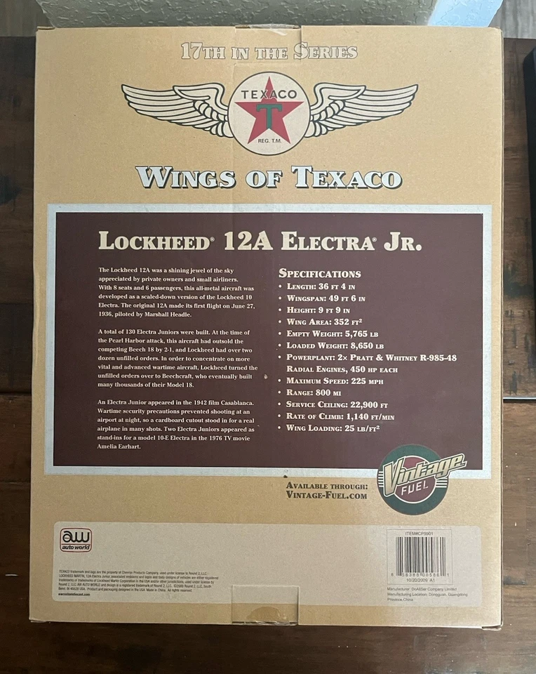 WINGS OF TEXACO LOCKHEED 12A ELECTRA JR. AIRPLANE 17th In Series Brushed Metal - Image 2 of 2