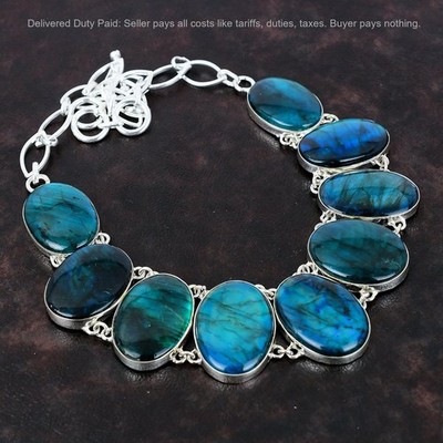 Neon Flash Labradorite Stone Sterling Silver Chain Engagement Art Deco Necklace