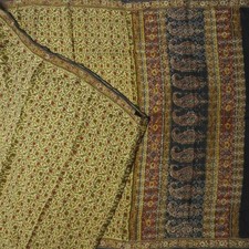 Vintage Beige Sarees 100 Pure Crepe Silk Printed Woven Sari 5YD Craft Fabric