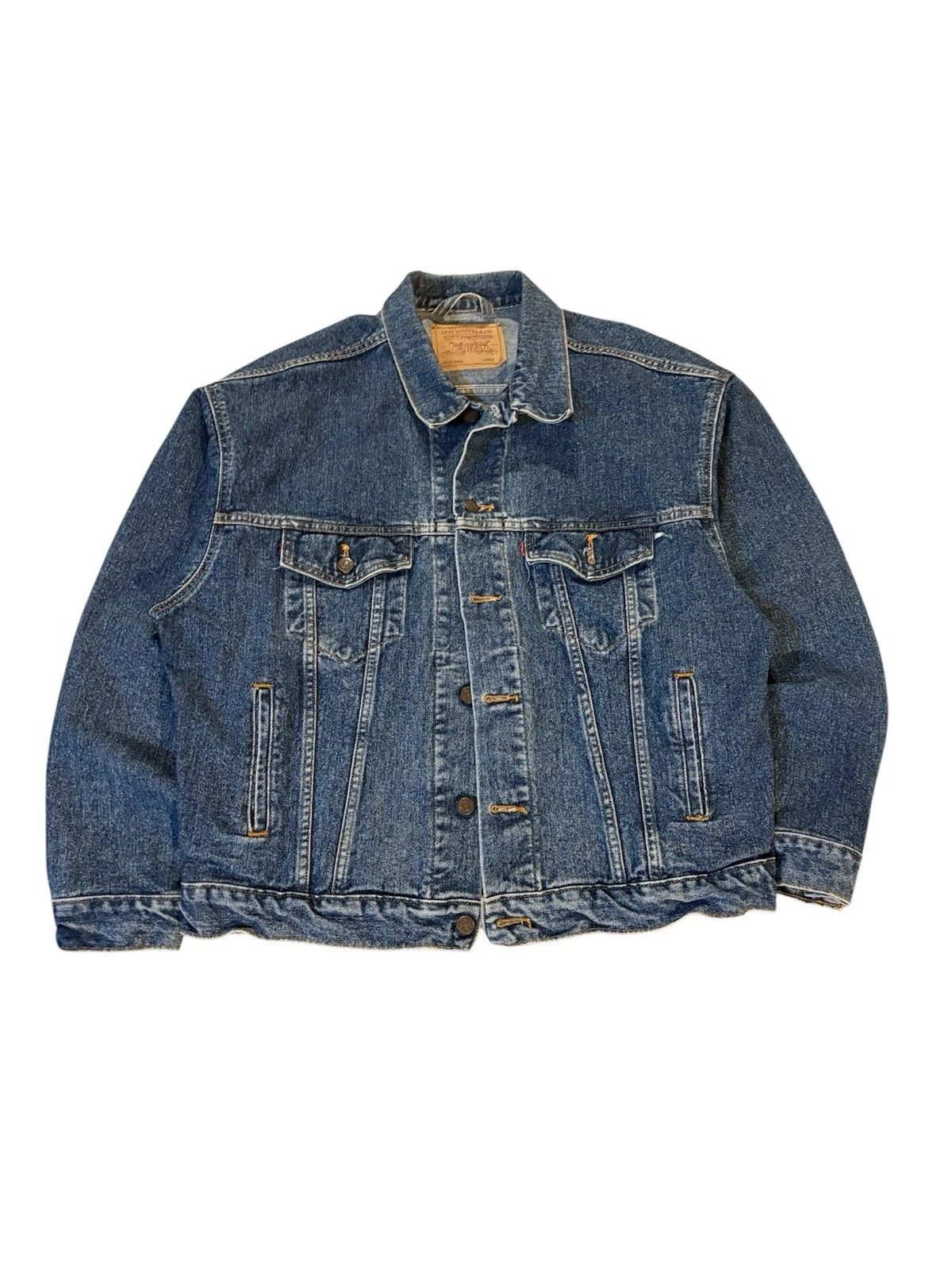 Levi Strauss & Co. Men's Blue Denim Jacket Large Logo Button Pockets Short