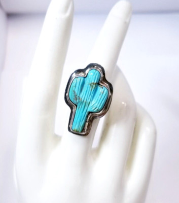Sterling Silver Native American C*rved Turquoise Cactus Ring Signed D - 6.2 G.TW
