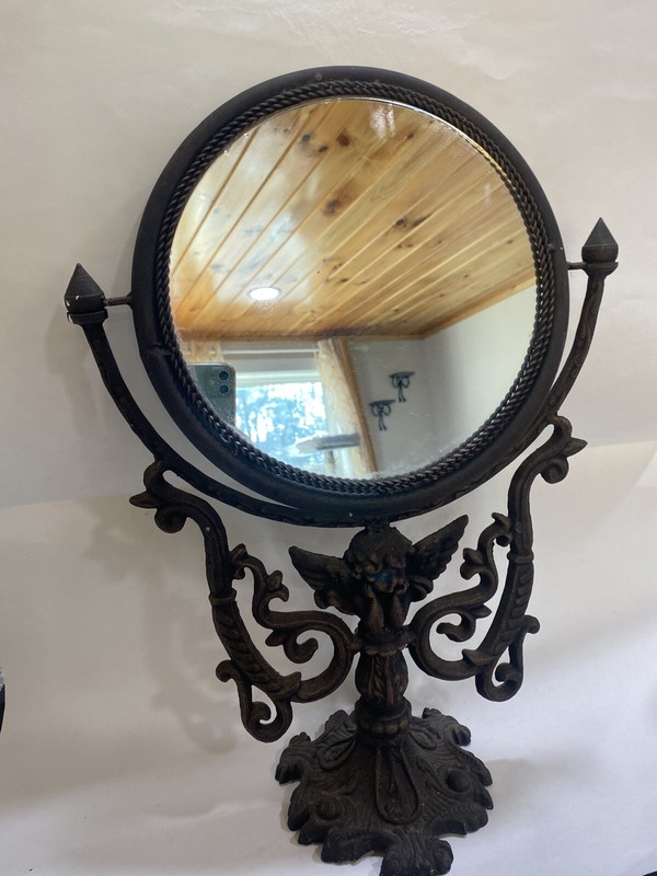 Vintage Vanity Table Cast Iron Circle Victorian Cast Mirror Swivel With Cherub