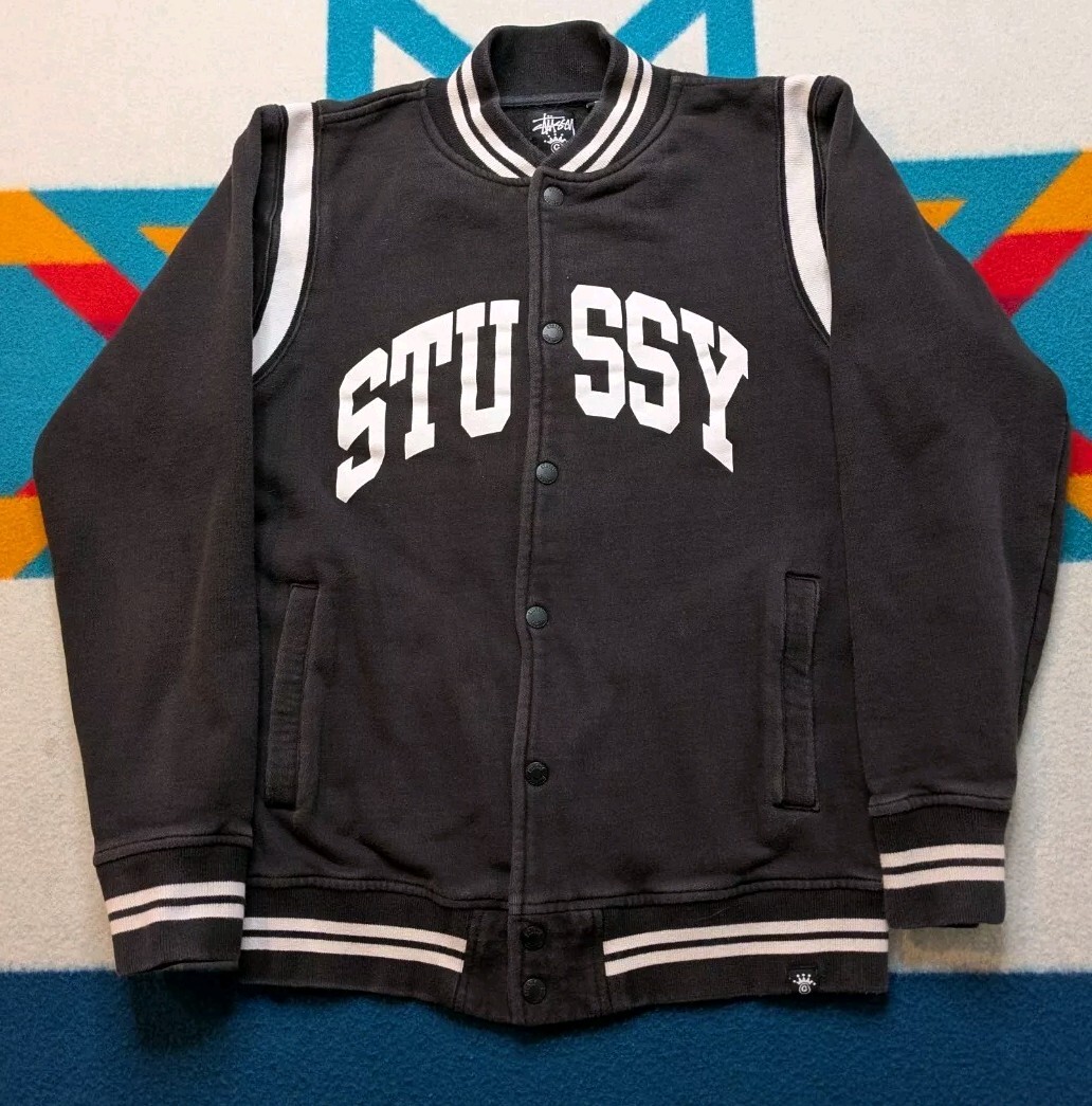 Stussy Bomber Varsity Jacket Button Up Letterman Faded Black Cotton Small Medium