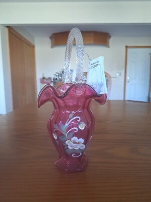Fenton Signed Fall 1996 Art Glass Messenger Exclusive Cranberry Floral Basket