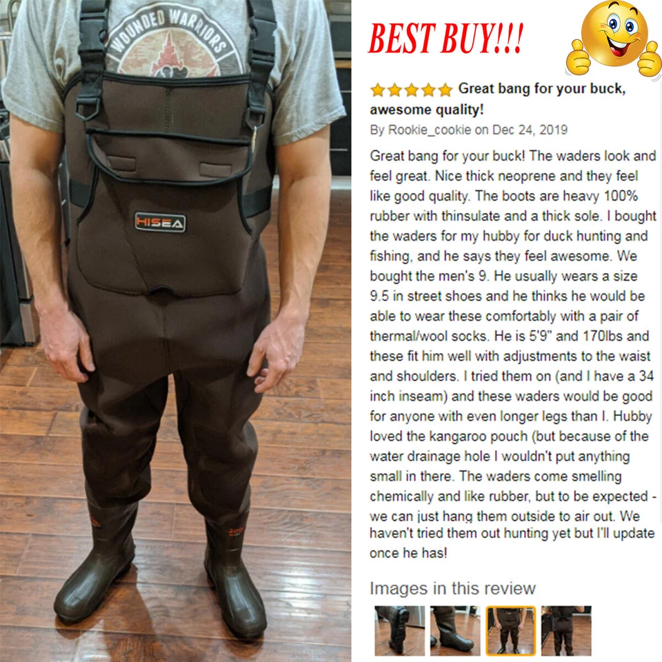 HISEA Unisex Neoprene Fishing Waders 200G Insulated Cleated Bootfoot Chest Wader - Image 4 of 4