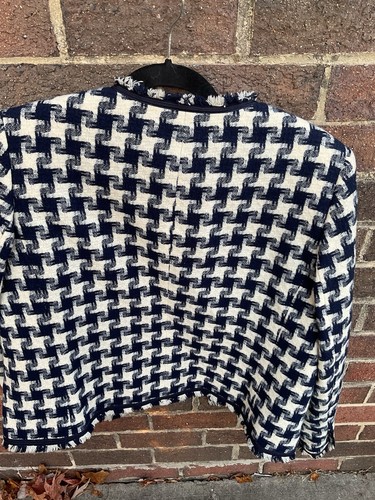 Jones New York Navy Blue 100% Wool Tweed Fringe Open Front Lined Blazer Sz 14 - Picture 5 of 5