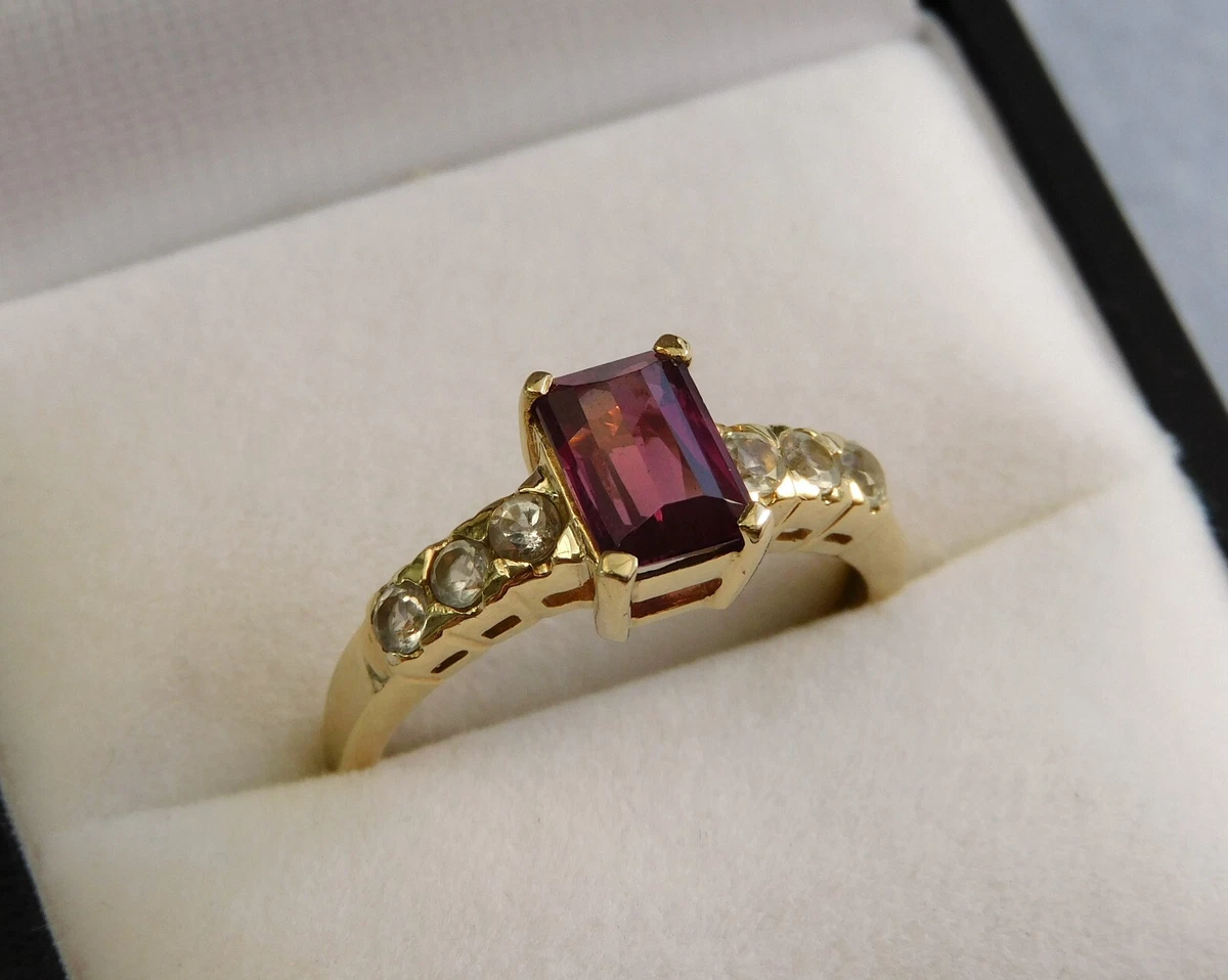 GEMS TV 9CT YELLOW GOLD RHODOLITE GARNET WHITE TOPAZ RING COA 2.6g SIZE N 1 2
