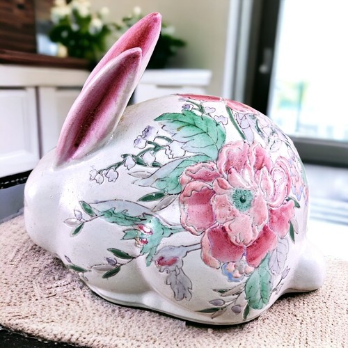 VTG Tobacco Leaf Porcelain Animal Figurine Pink Rabbit Chinoiserie Bunny Floral - Picture 5 of 9