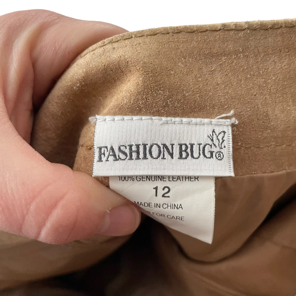 Винтажный Y2K моды жук замши кожи линия юбка размер 12 желтовато-коричневый длина до колена - Изображение 4 из 4