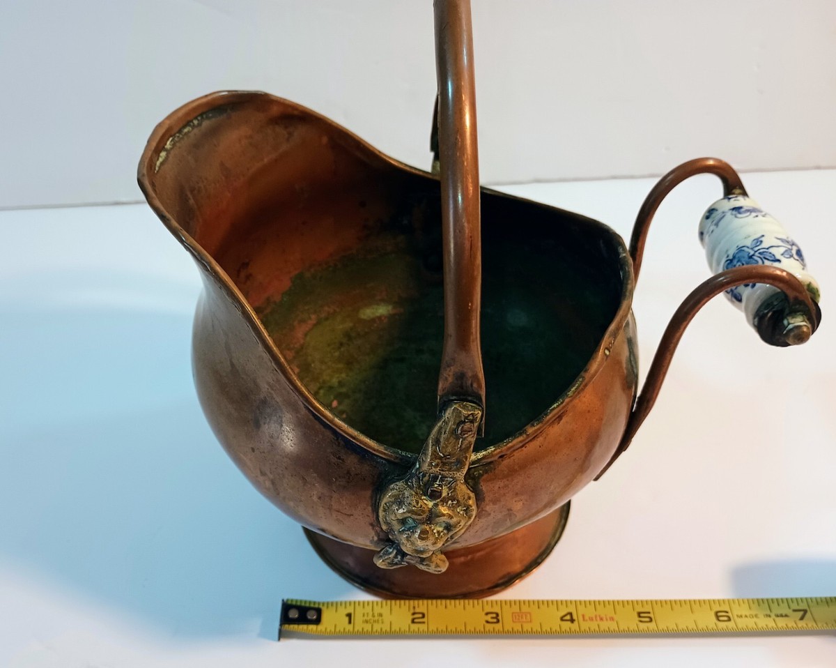 Vintage Copper & Brass Ash Coal Scuttle Bucket MCM Lions Head