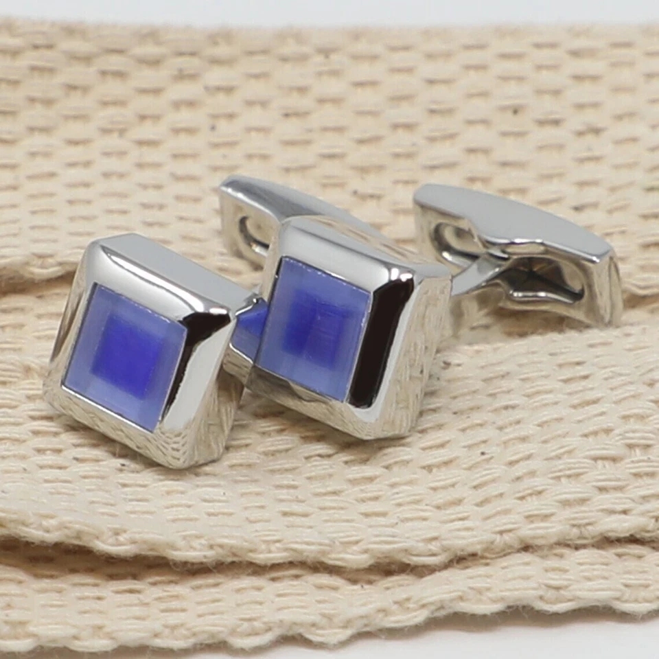 Abotoaduras de prata esterlina 925 com pedra preciosa olho de gato azul para presente especial masculino - Imagem 2 de 4