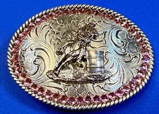Cowgirls Nocona Saddle Bronc Western Belt Buckle With Pink Rhinestone Boarder