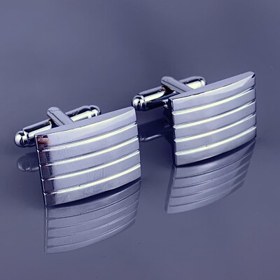 Simple Ribbed Lines Cufflinks Silver Tone Modern Formal Wedding