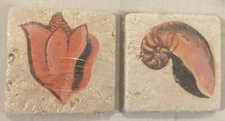 4" Tiles Lot of 2 Spiral Conch Sea Shell Bathroom Stone Tumbled Travertine Decor