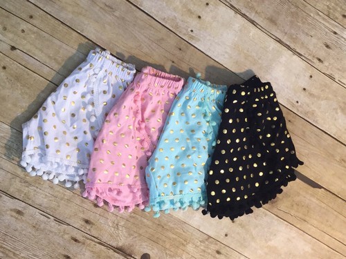 Girls Pink with Gold Polka Dots Pom Pom Trim Shorts Size 4 New boutique style - Picture 2 of 2