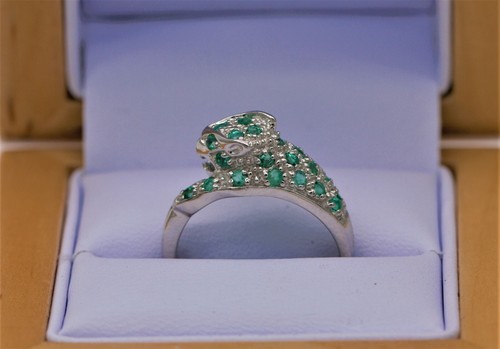 Plata de Ley 925 Natural Esmeralda & Diamante Abalanzándose Panther Head Anillo - Imagen 11 de 14