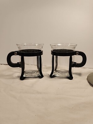 Vtg BODUM Glass Coffee Cups x 2 Black Handle SWITZERLAND Tea Espresso Bistro
