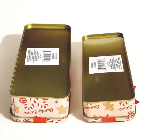 Set 2 Christmas Cookie Candy Tin Gift Box Rectangular Biege Tin W/ Red Candy - Picture 9 of 13