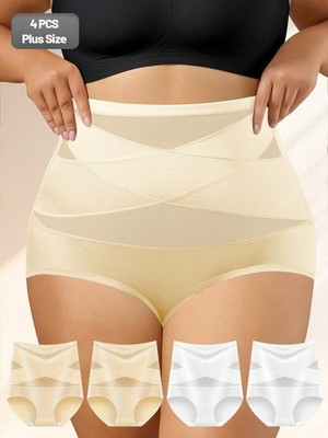 4 Pack Plus Size Multi Colours Cross Mesh Waist Briefs For Ladies Cheap24