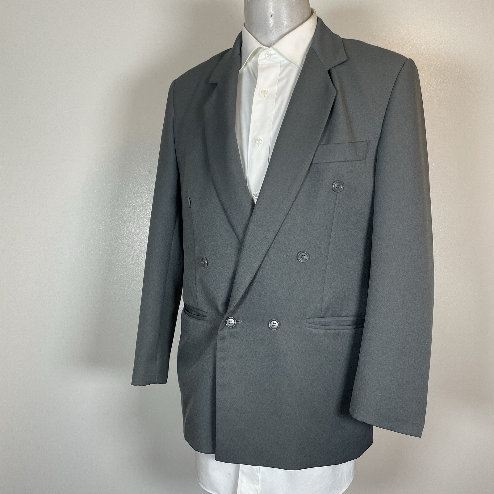 Blazer Jacket Mens 38S Gray Solid Polyester Doubl… - image 3