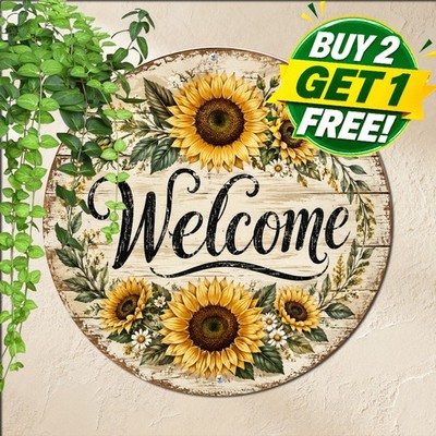 Welcome Spring Easter Sunflower Round Metal Sign Festive Garden Wall Tin Plaque