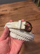 womens white leather, braided/woven belt size XL with brass/goldtone buckle