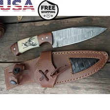 Custom Handmade Forged DAMASCUS Steel Hunting Knife, wood and bone- wd sheath