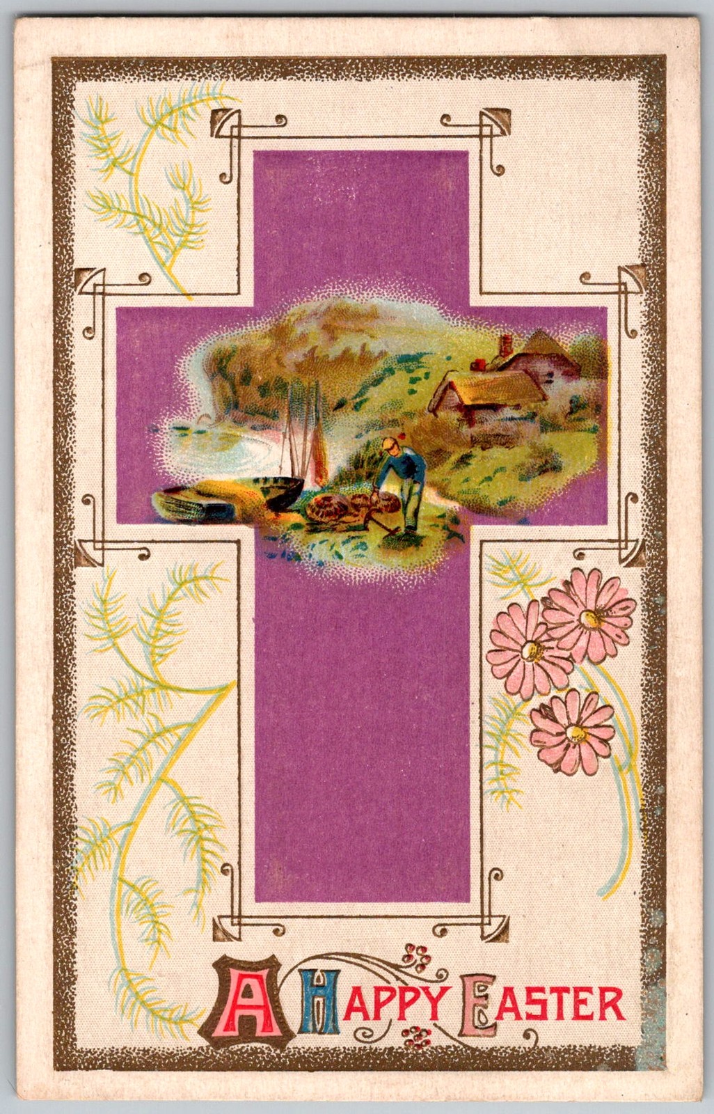 Antique Postcard Easter Cross Pastoral Scene 1910s