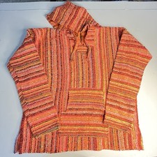 Mexican Baja Hoodie Capucha Poncho Orange Multicolor Stripe Size L