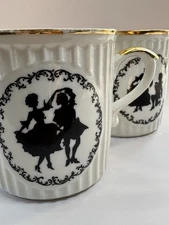 Set of 2 Vintage Coffee Tea Mugs | Romantic Courting Silhouettes Gold Trim
