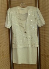 ST JOHN Marie Gray Evening Ivory Metal Silver Knit w/Paillettes Dress Jacket 4