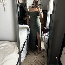 Green Satin Off Shoulder Dresses Long Mermaid Ruched Formal Gowns with Slit