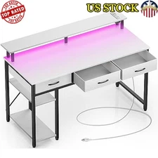Computer Desk Power Outlets & LED Light 47" Home Office Desk w/Drawers Shelves