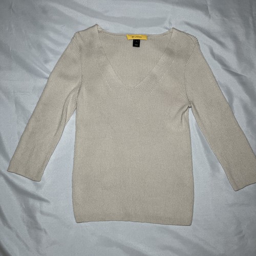 St. John Strick Top 3/4 Arm Wolle Seide Kaschmir gerippt V-Ausschnitt Gr. M beige