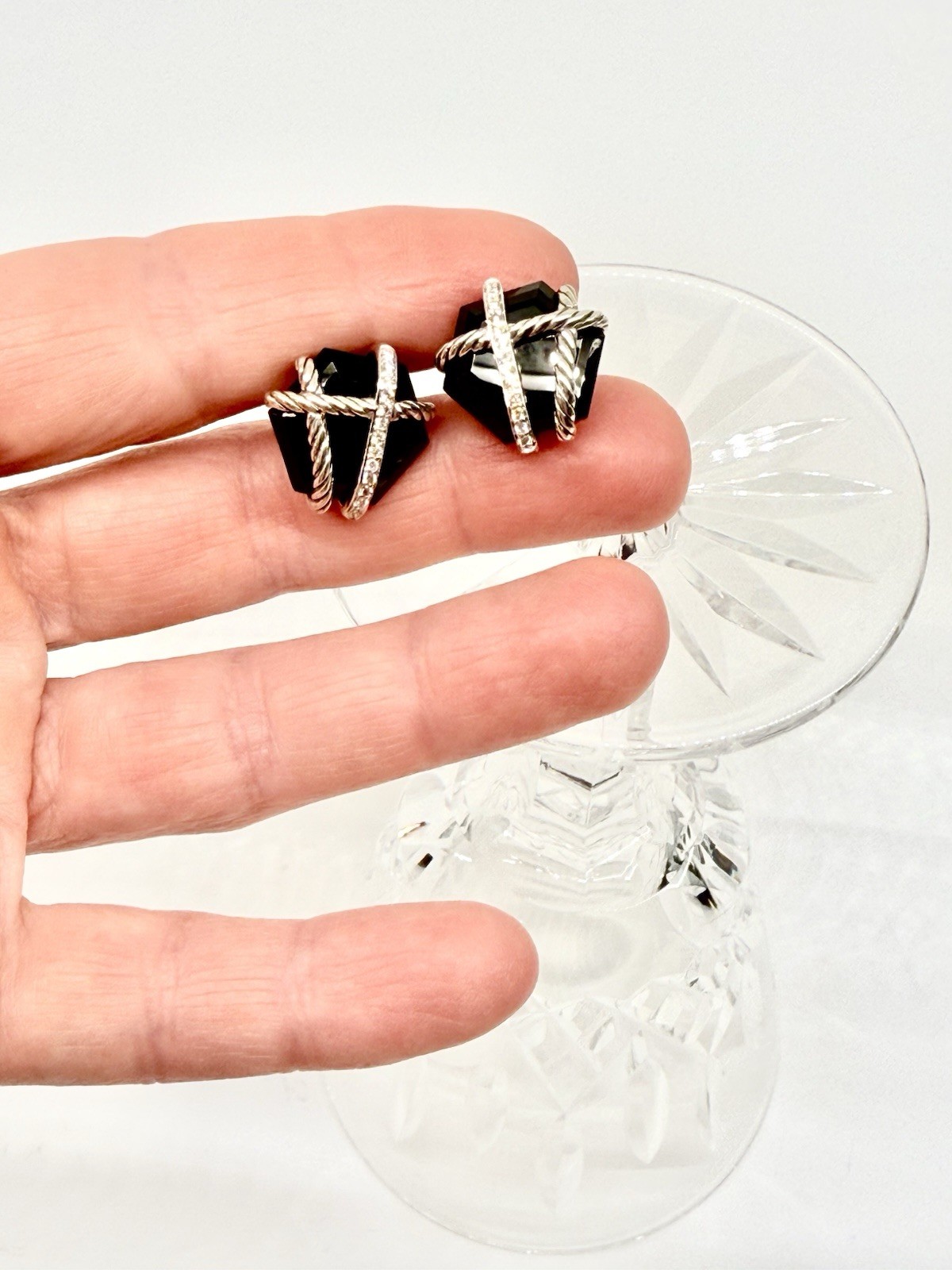 David Yurman Extremely Rare Octagon Onyx Rope Wrapped Stud Earrings W/ Diamonds image 8