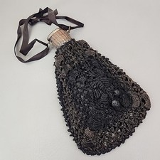Antique Art Deco Crocheted Purse Reticule Pouch Black Beggars Accordion Gate 9"