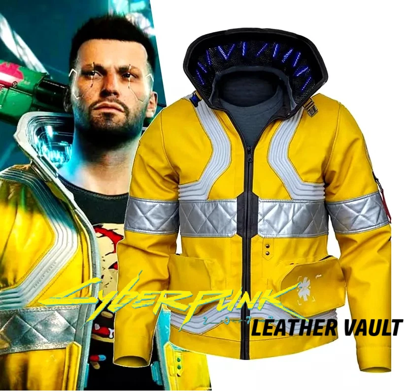 New Men's David Martinez Cyberpunk 2077 yellow Edgerunner cosplay leather jacket