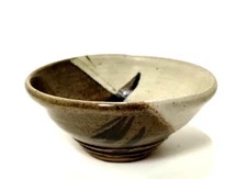 Vtg POTTERY BOWL~Hand Turned Rows~Dual Glazes~Brn/Tan~6.25"w~Signed~EXCELLENT