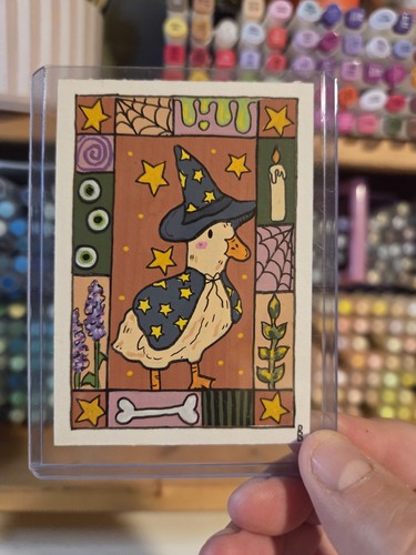 ACEO ATC Original Whimsical Folk Halloween Painting Duck in Acrylic on paper