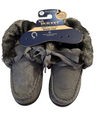 Isotoner Womens NWT Fuzzy Grey Suede Nelly Moc Bootie Slippers 7.5-8 Memory Foam