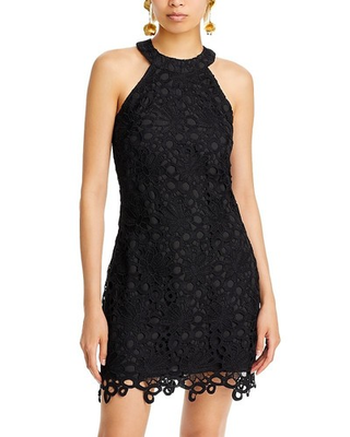 #ad AQUA Lace Halter Dress Women#x27;s Small Black Floral Keyhole Back Button Closure $37.99