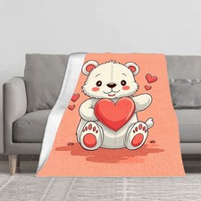 Cute White Bear Flannel Blanket with Red Accents  Heart Design
